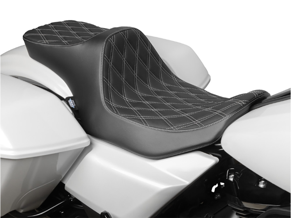 Drag Specialties Predator 3, 2up Dual Seat with Silver Double Diamond Lattice Stitch. Fits CVO Touring 2023up, Street Glide & Road Glide 2024up, Touring 2025up