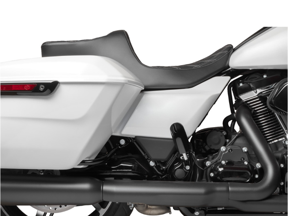 Drag Specialties Predator 3, 2up Dual Seat with Silver Double Diamond Lattice Stitch. Fits CVO Touring 2023up, Street Glide & Road Glide 2024up, Touring 2025up