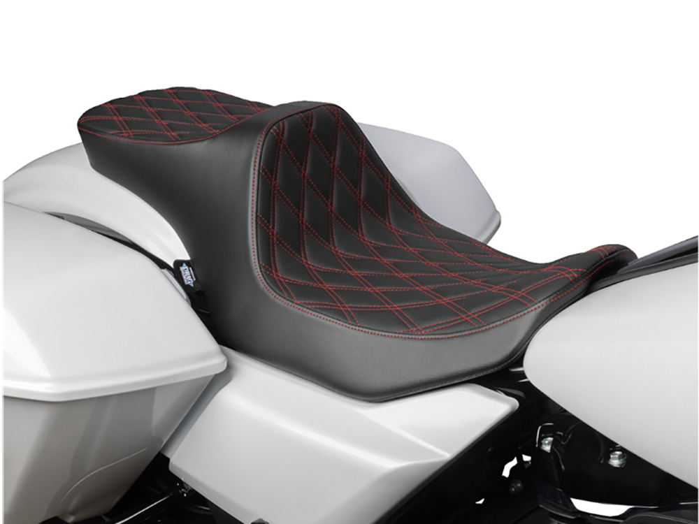 Drag Specialties Predator 3, 2up Dual Seat with Red Double Diamond Lattice Stitch. Fits CVO Touring 2023up, Street Glide & Road Glide 2024up, Touring 2025up