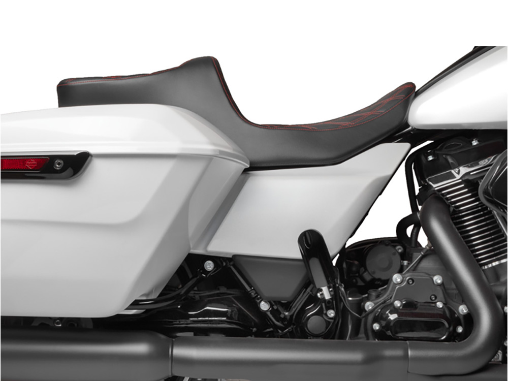 Drag Specialties Predator 3, 2up Dual Seat with Red Double Diamond Lattice Stitch. Fits CVO Touring 2023up, Street Glide & Road Glide 2024up, Touring 2025up