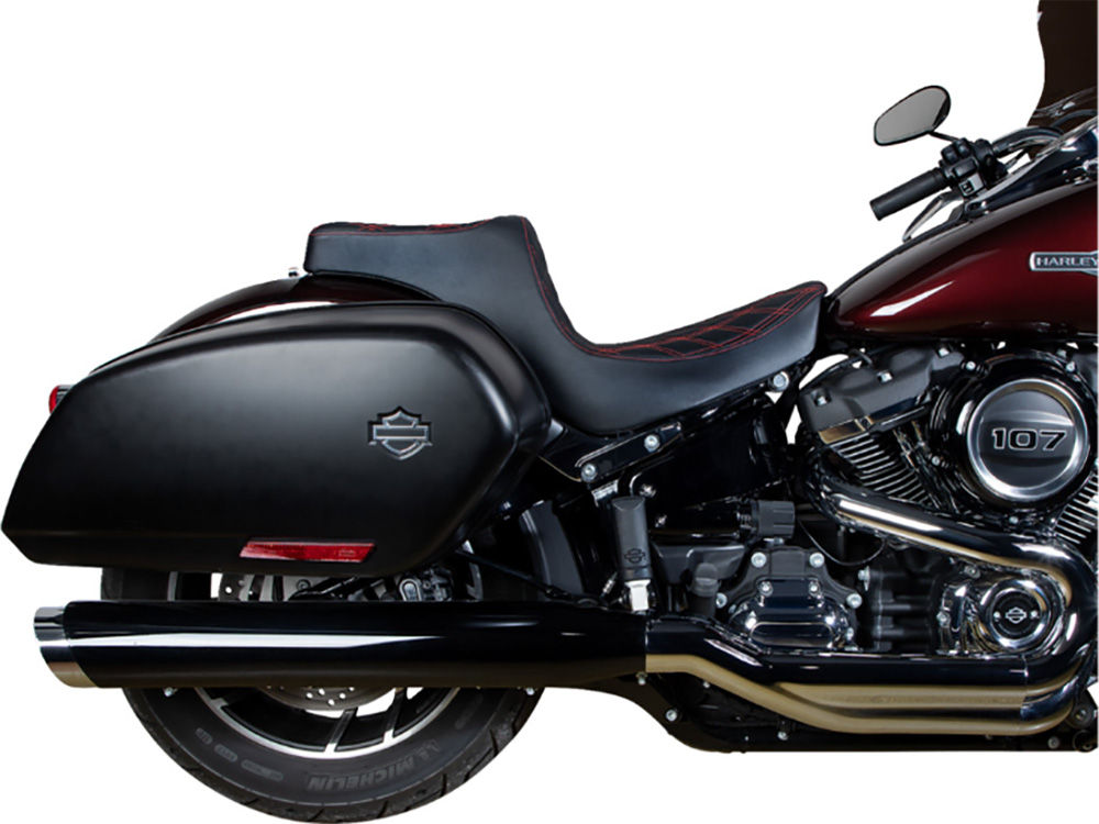 Drag Specialties Predator 3 Dual Seat with Red Double Diamond Lattice Stitch. Fits Sport Glide & Low Rider 2018up, Low Rider S 2020up & Low Rider ST 2022up