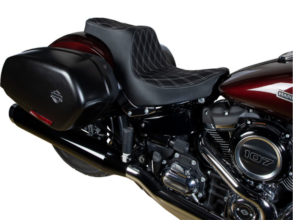 Drag Specialties Predator 3 Dual Seat with Silver Double Diamond Lattice Stitch. Fits Sport Glide & Low Rider 2018up, Low Rider S 2020up & Low Rider ST 2022up