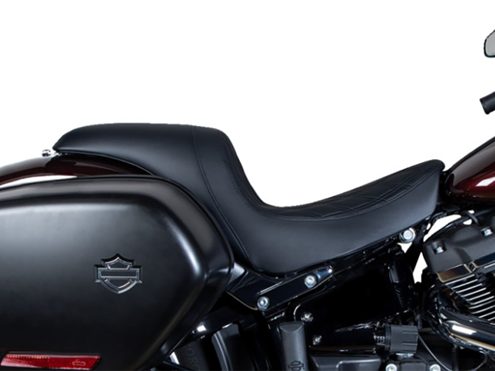 Drag Specialties Performance Predator Dual Seat with Black Double Diamond Lattice Stitch. Fits Sport Glide & Low Rider 2018up, Low Rider S 2020up & Low Rider ST 2022up