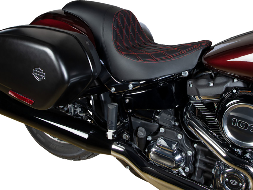 Drag Specialties Performance Predator Dual Seat with Red Double Diamond Lattice Stitch. Fits Sport Glide & Low Rider 2018up, Low Rider S 2020up & Low Rider ST 2022up