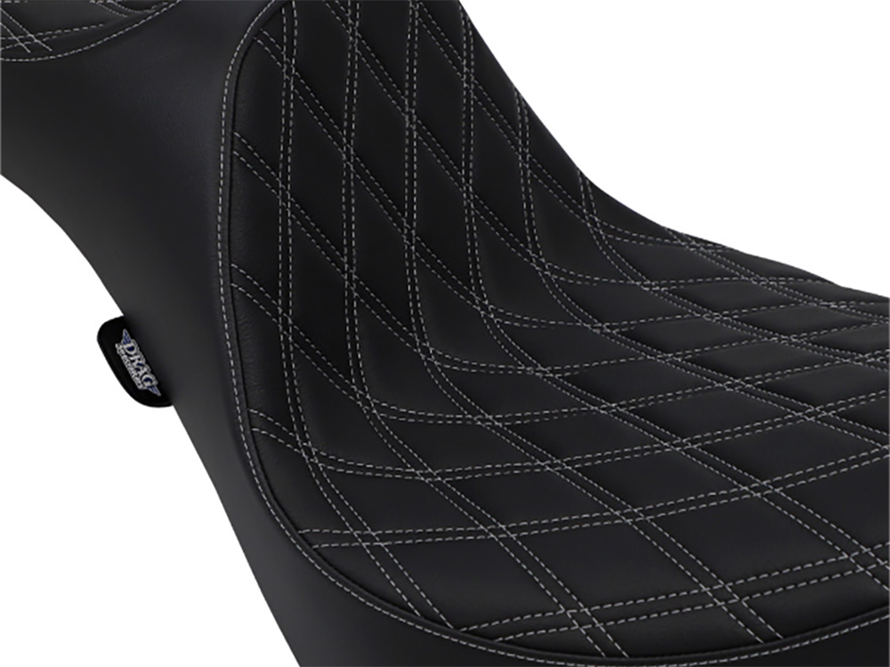 Drag Specialties Predator 3 Dual Seat with Silver Double Diamond Lattice Stitch. Fits Softail Deluxe, Heritage Softail, Slim & Street Bob 2018up & Standard 2020up