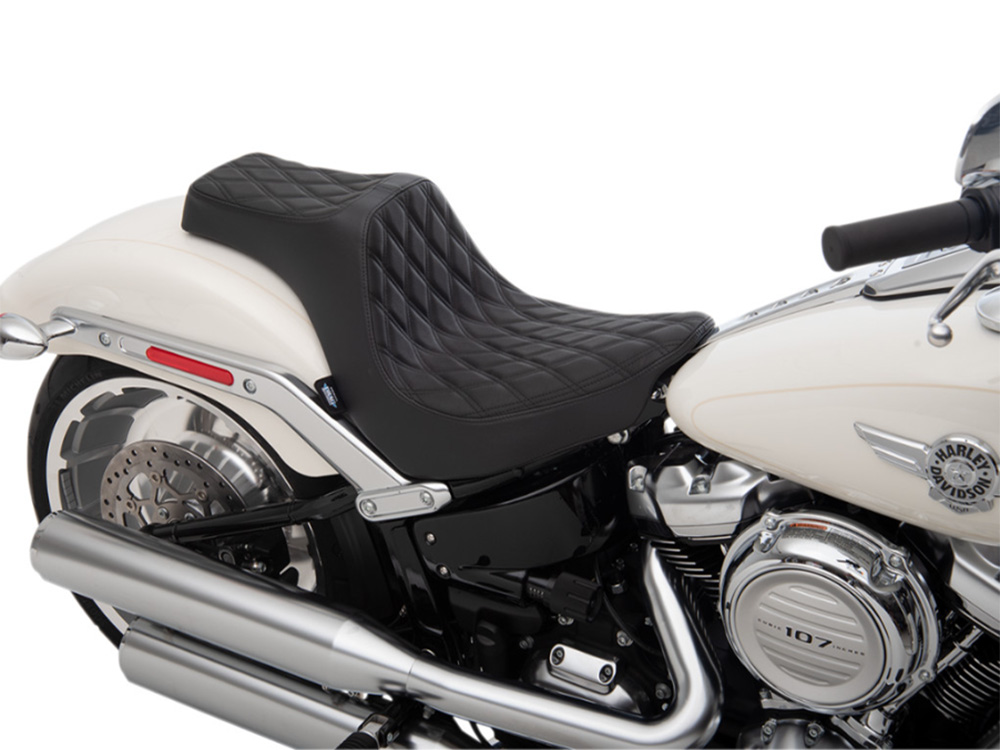 Drag Specialties Predator 3 Dual Seat with Black Double Diamond Lattice Stitch. Fits Fat Boy 2018up & Breakout 2023up