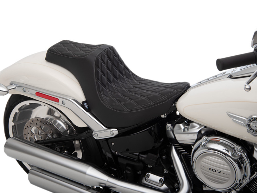 Drag Specialties Predator 3 Dual Seat with Silver Double Diamond Lattice Stitch. Fits Fat Boy 2018up & Breakout 2023up