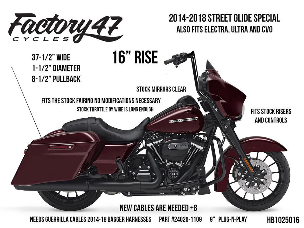 FACTORY 47 HANDLEBARS 16in. x 1-1/2in. Assault Handlebar – Gloss Black. Fits Ultra Models 1996-2024 and Street Glide 1996-2023