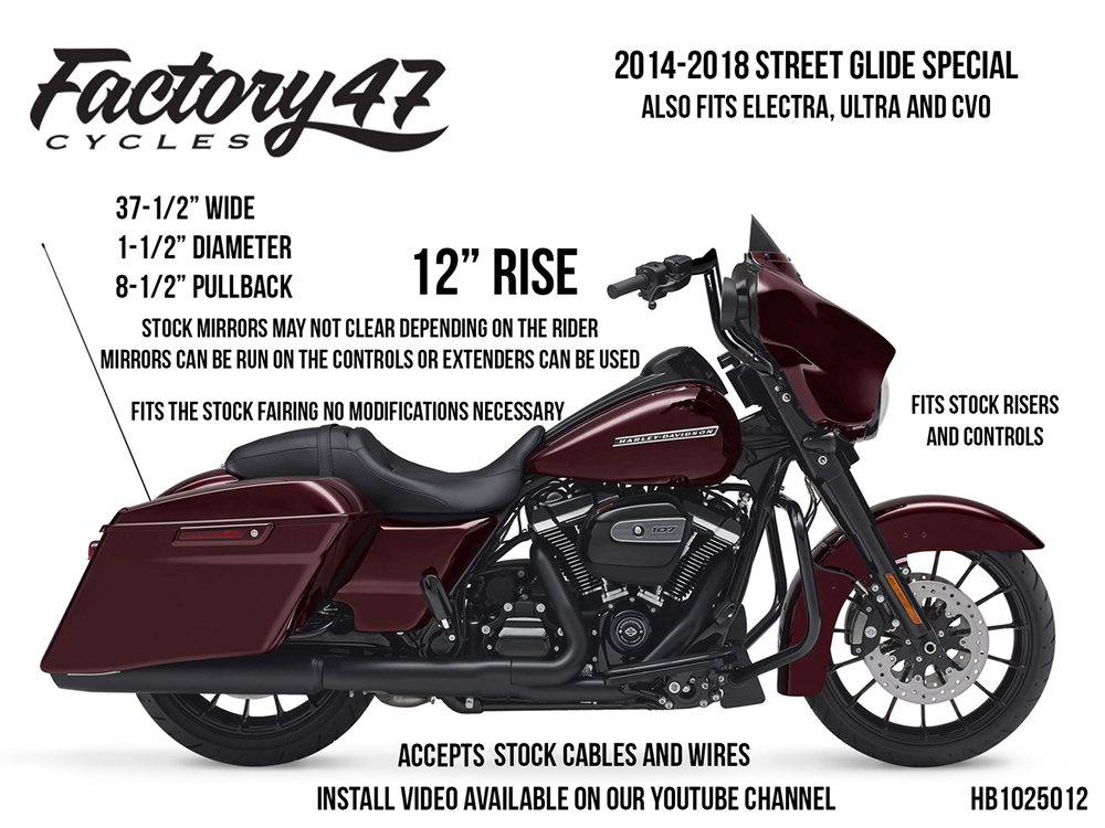 FACTORY 47 HANDLEBARS 12in. x 1-1/2in. Assault Handlebar – Gloss Black. Fits Ultra Models 1996-2024 and Street Glide 1996-2023