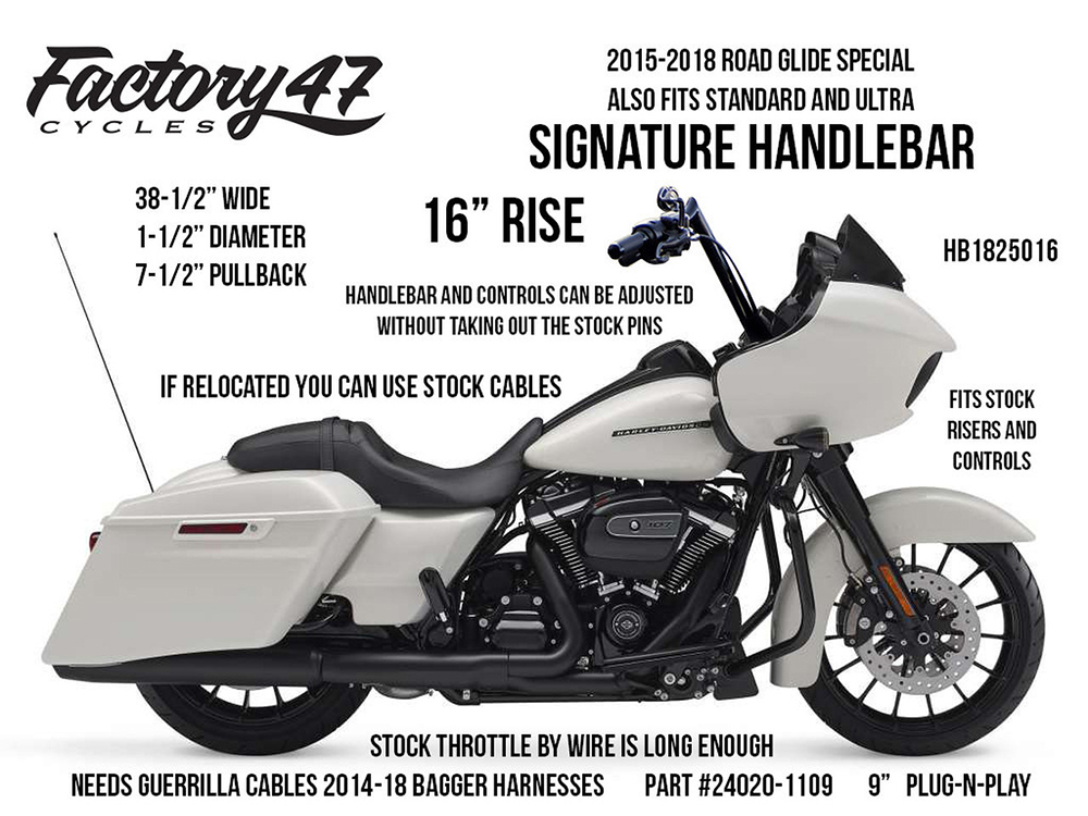 FACTORY 47 HANDLEBARS 16in. x 1-1/2in. Signature Handlebar – Chrome. Fits Road Glide 2015-2023
