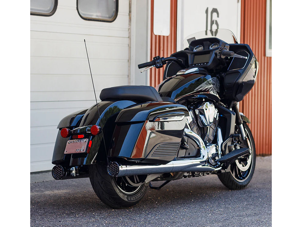 Firebrand EXHAUST Grand Prix 4in. Slip-On Mufflers – Chrome. Fits Indian Big Twin 2014up with Hard Saddle Bags.