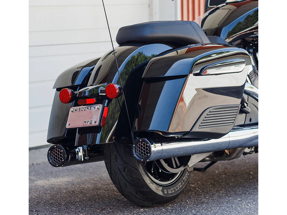 Firebrand EXHAUST Grand Prix 4in. Slip-On Mufflers – Chrome. Fits Indian Big Twin 2014up with Hard Saddle Bags.