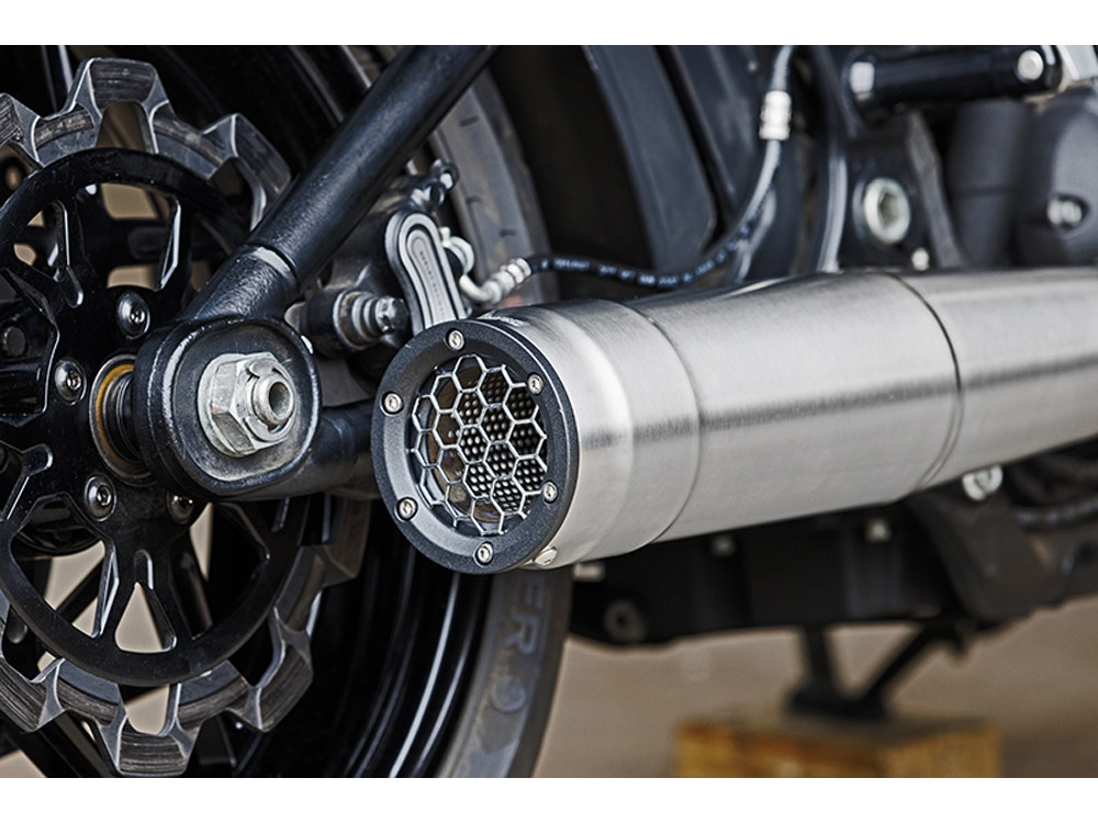 Firebrand EXHAUST 2-into-1 Grand Prix Exhaust – Stainless Steel with Black End Cap. Fits Softail 2018up Non-240 Rear Tyre Models.