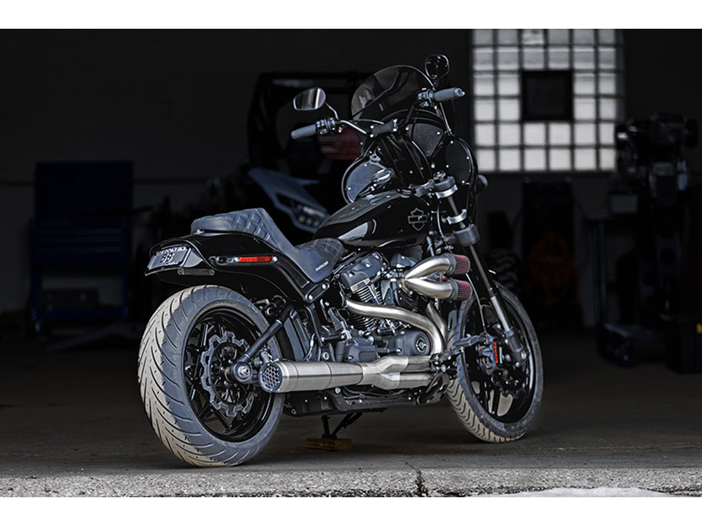 Firebrand EXHAUST 2-into-1 Grand Prix Exhaust – Stainless Steel with Black End Cap. Fits Softail 2018up Non-240 Rear Tyre Models.