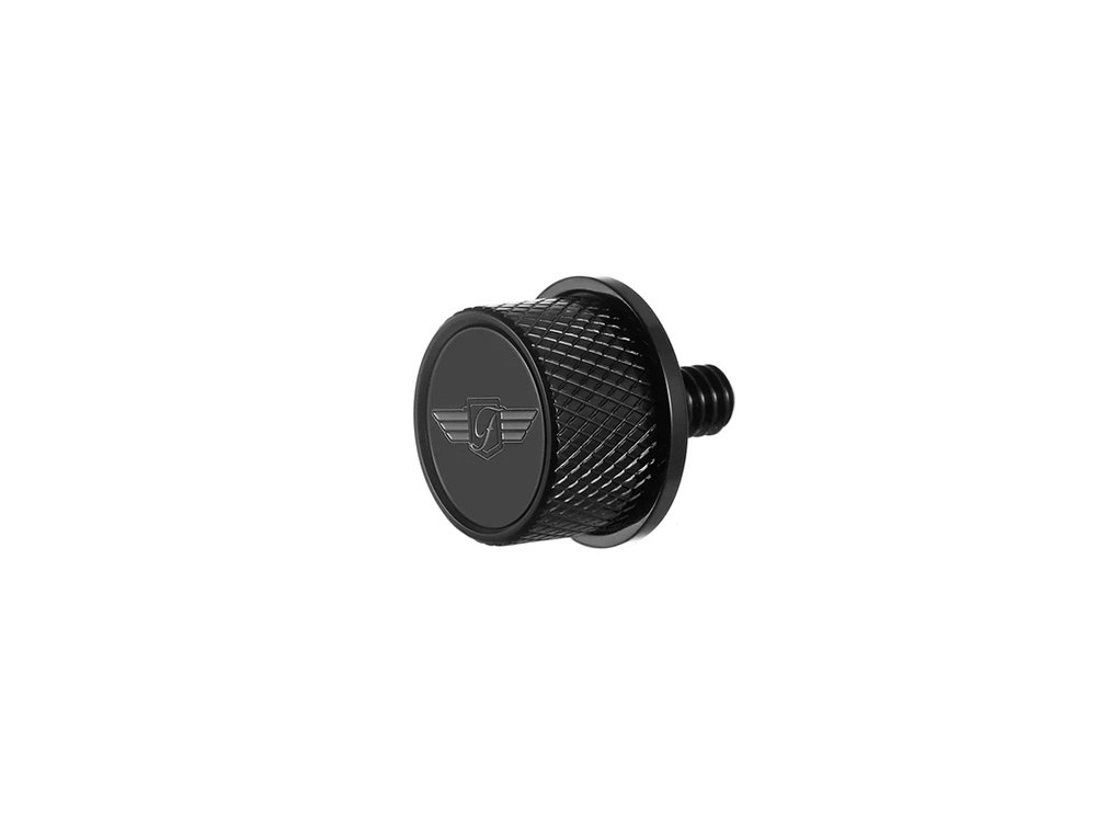 Figurati Designs 1/4in.-20 Knurled Seat Mount Screw – Black with Figurati Designs Logo. Fits H-D 1996up