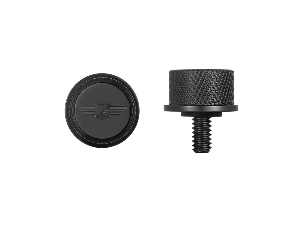Figurati Designs 1/4in.-20 Knurled Seat Mount Screw – Black with Figurati Designs Logo. Fits H-D 1996up