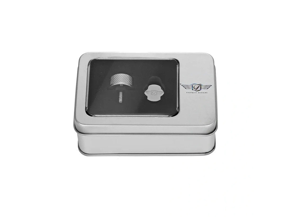 Figurati Designs 1/4in.-20 Knurled Seat Mount Screw – Stainless with Figurati Designs Logo. Fits H-D 1996up