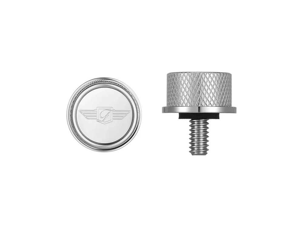 Figurati Designs 1/4in.-20 Knurled Seat Mount Screw – Stainless with Figurati Designs Logo. Fits H-D 1996up