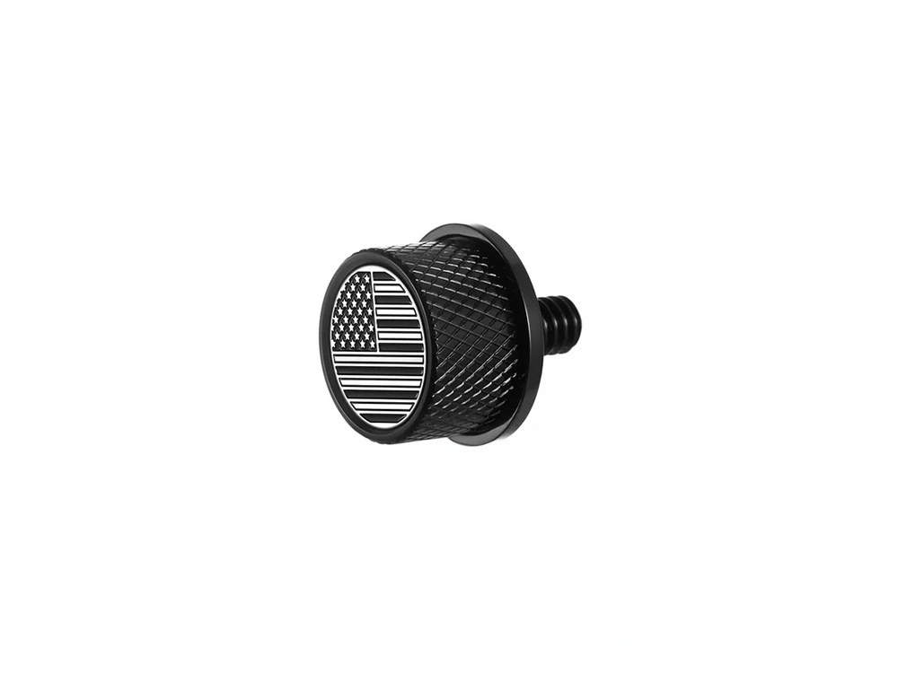 Figurati Designs 1/4in.-20 Knurled Seat Mount Screw – Black with American Flag. Fits H-D 1996up