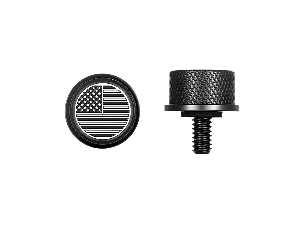 Figurati Designs 1/4in.-20 Knurled Seat Mount Screw – Black with American Flag. Fits H-D 1996up