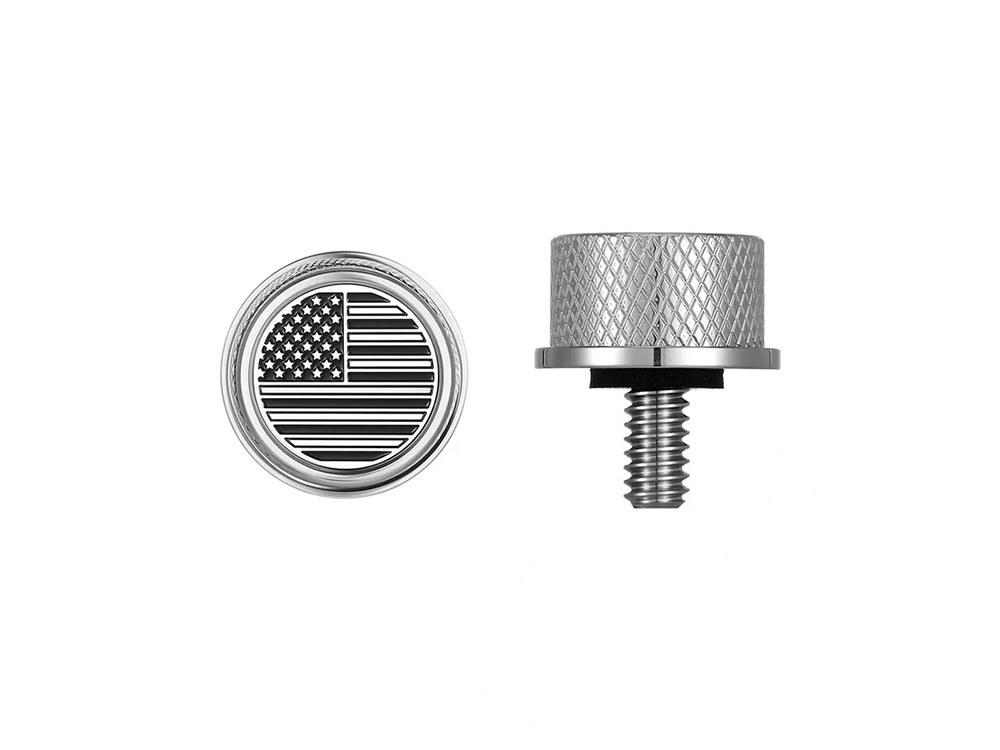 Figurati Designs 1/4in.-20 Knurled Seat Mount Screw – Stainless with American Flag. Fits H-D 1996up