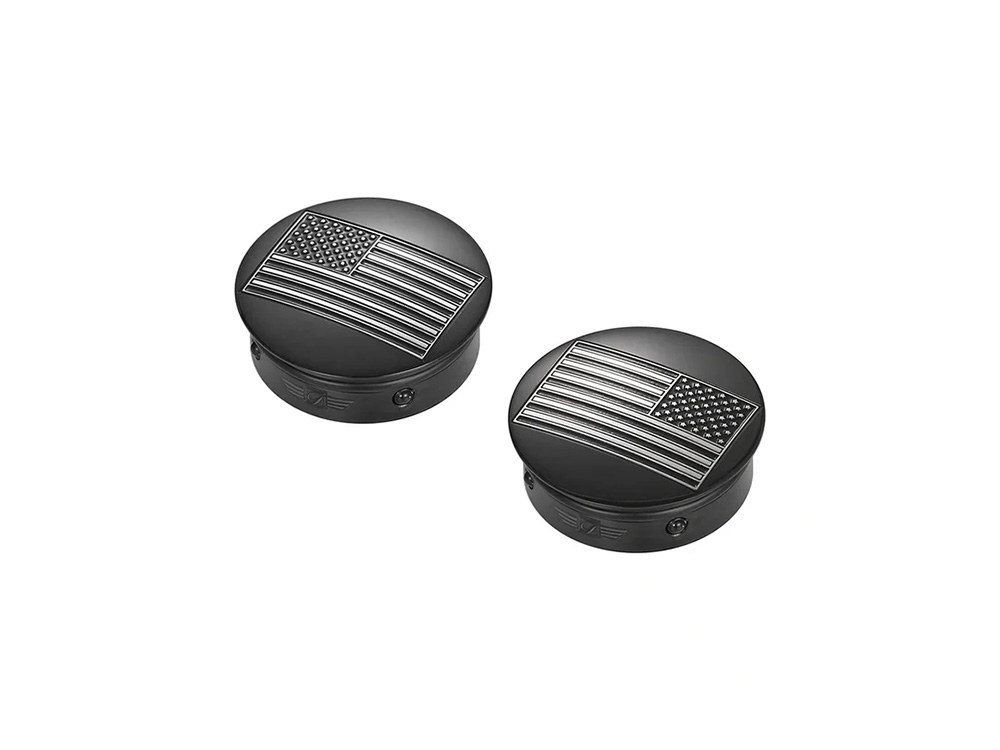 Figurati Designs Swingarm Pivot Bolt Covers – Black Contrast Cut with American Flag. Fits Touring 2011up