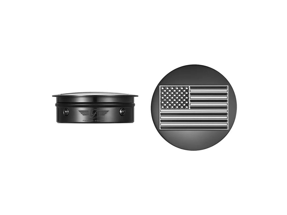Figurati Designs Swingarm Pivot Bolt Covers – Black Contrast Cut with American Flag. Fits Touring 2011up