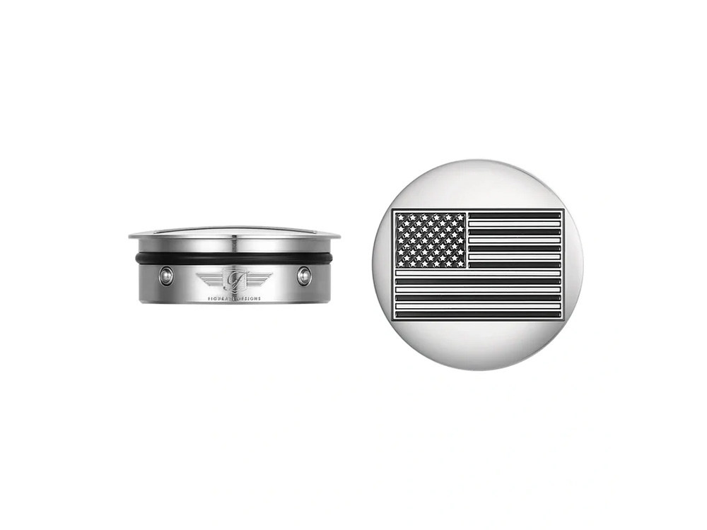 Figurati Designs Swingarm Pivot Bolt Covers – Stainless with American Flag. Fits Touring 2011up