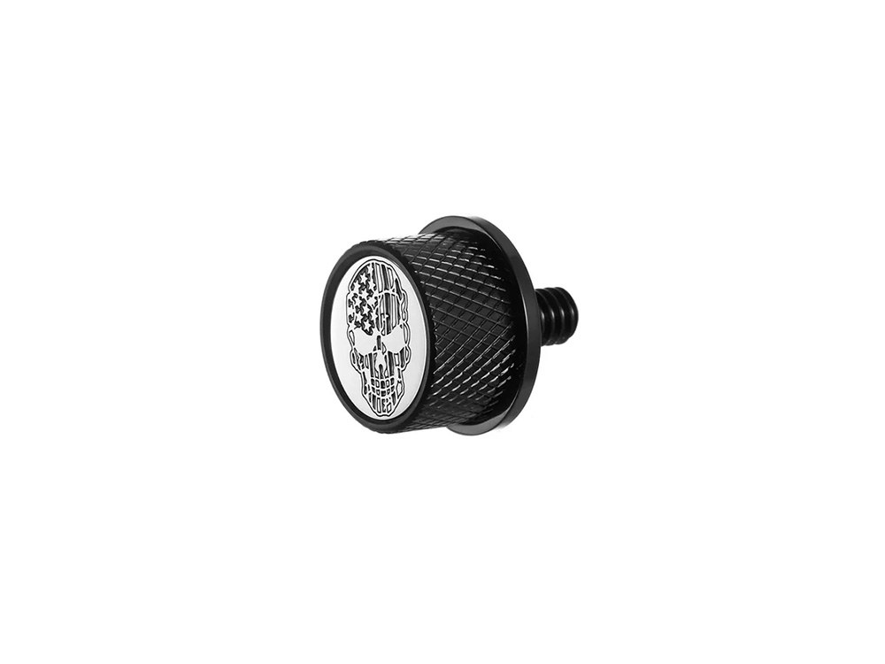 Figurati Designs 1/4in.-20 Knurled Seat Mount Screw – Black with American Flag Skull. Fits H-D 1996up