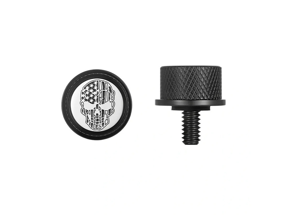 Figurati Designs 1/4in.-20 Knurled Seat Mount Screw – Black with American Flag Skull. Fits H-D 1996up