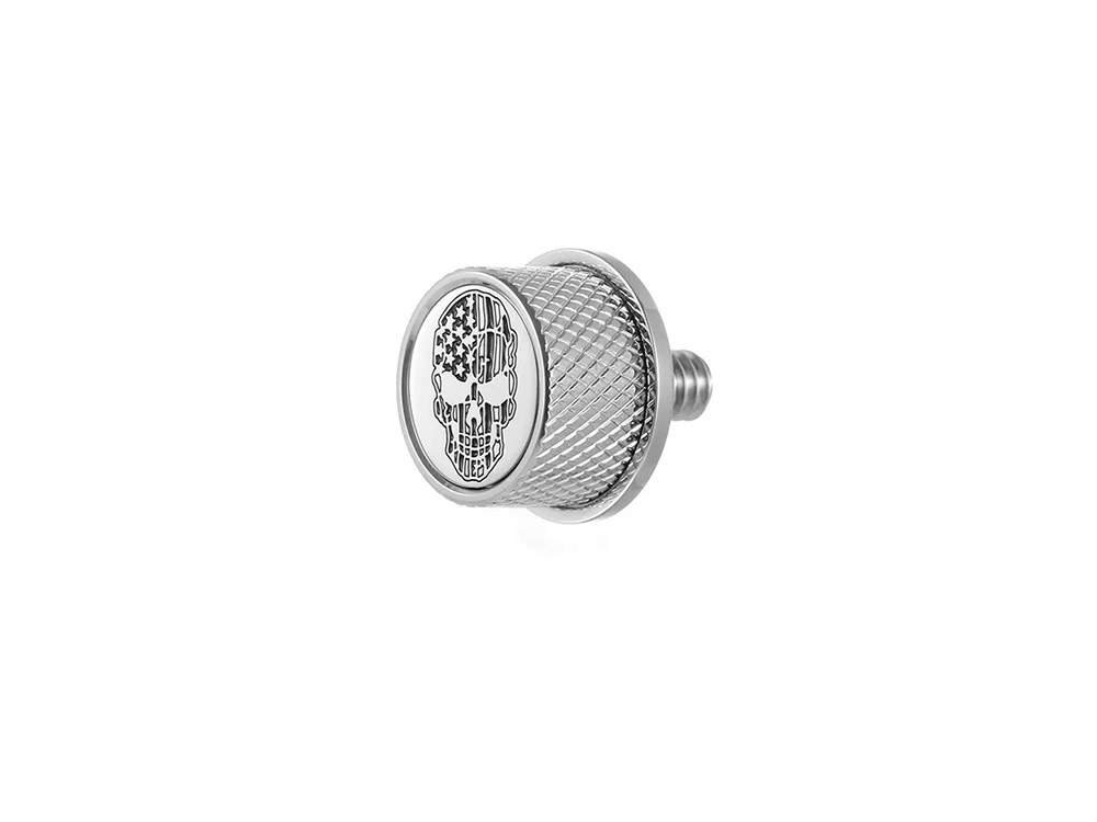 Figurati Designs 1/4in.-20 Knurled Seat Mount Screw – Stainless with American Flag Skull. Fits H-D 1996up