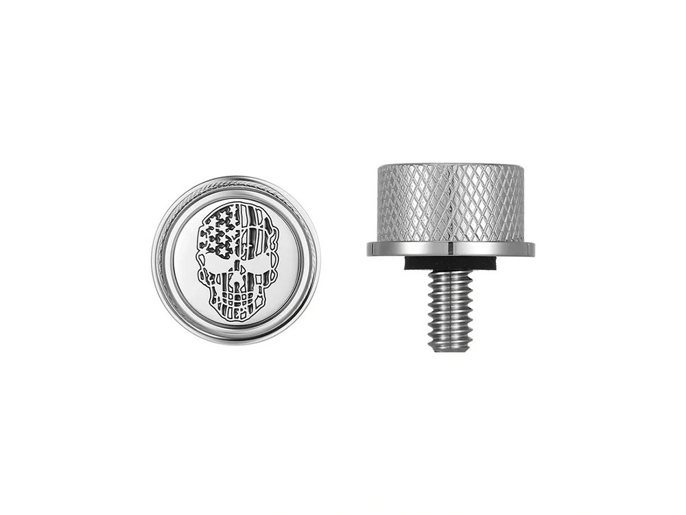 Figurati Designs 1/4in.-20 Knurled Seat Mount Screw – Stainless with American Flag Skull. Fits H-D 1996up