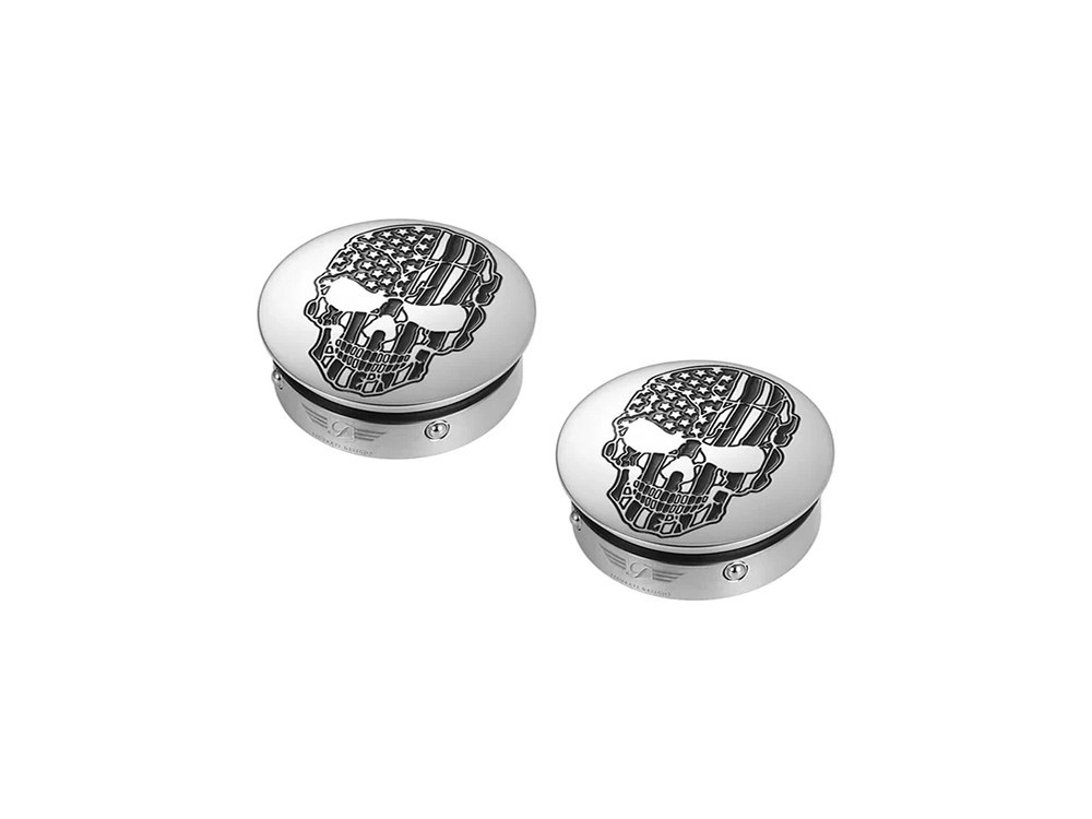 Figurati Designs Swingarm Pivot Bolt Covers – Stainless with American Flag Skull. Fits Touring 2011up