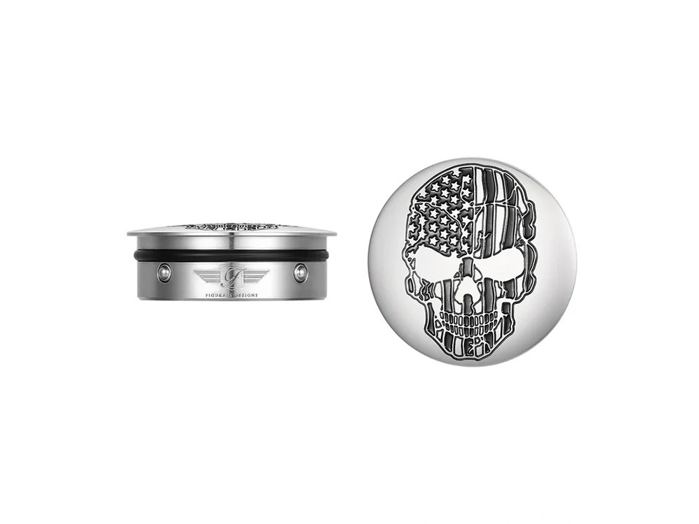 Figurati Designs Swingarm Pivot Bolt Covers – Stainless with American Flag Skull. Fits Touring 2011up