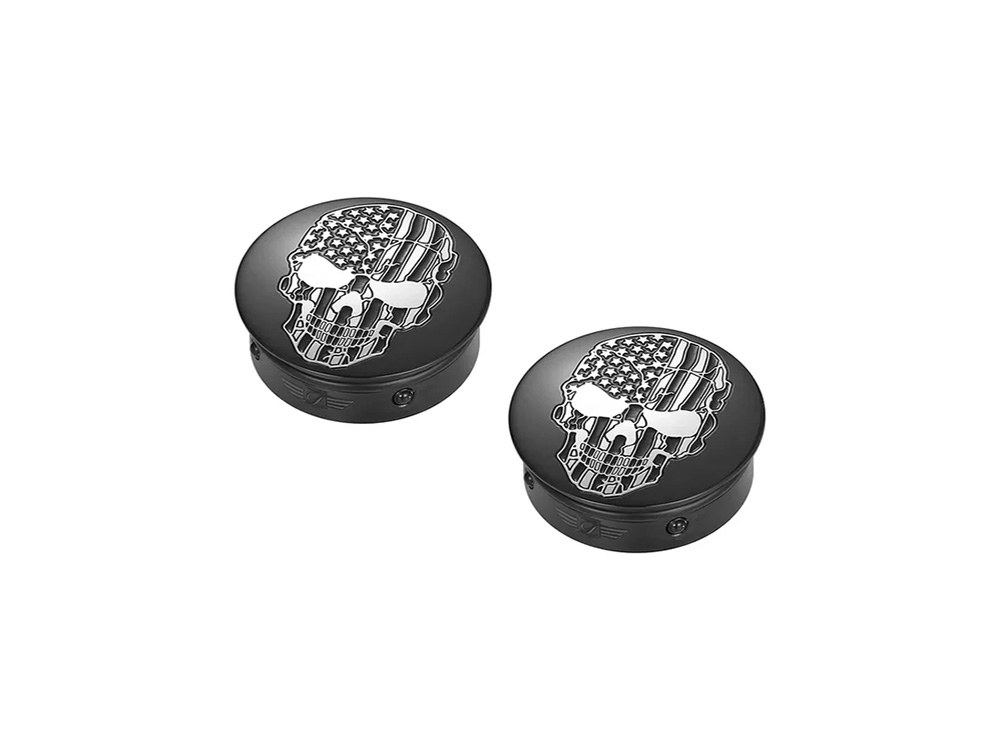 Figurati Designs Swingarm Pivot Bolt Covers – Black with American Flag Skull. Fits Touring 2011up