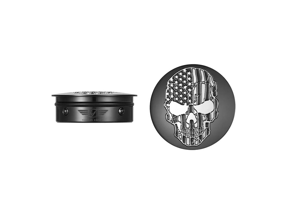 Figurati Designs Swingarm Pivot Bolt Covers – Black with American Flag Skull. Fits Touring 2011up