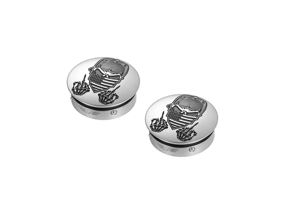 Figurati Designs Swingarm Pivot Bolt Covers – Stainless with Masked Skull. Fits Touring 2011up