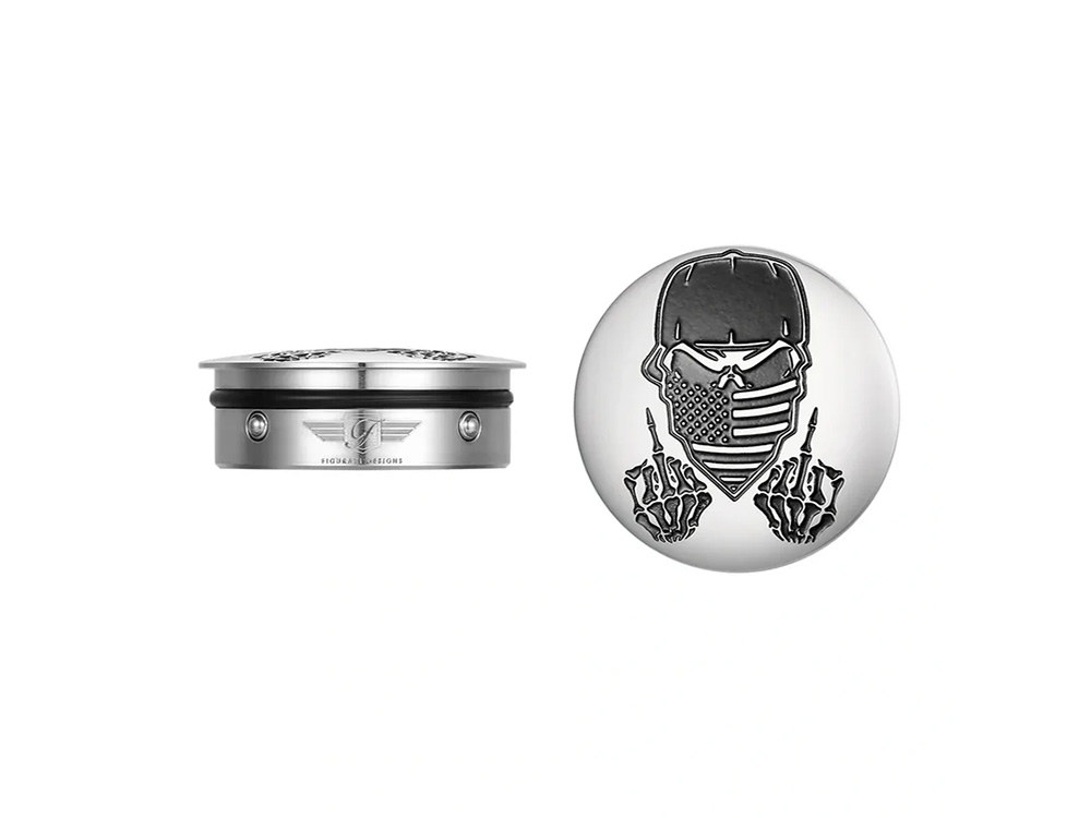 Figurati Designs Swingarm Pivot Bolt Covers – Stainless with Masked Skull. Fits Touring 2011up