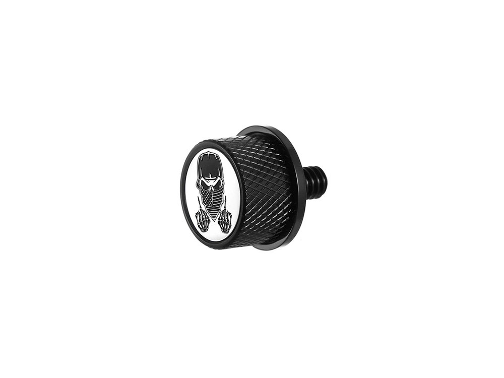 Figurati Designs 1/4in.-20 Knurled Seat Mount Screw – Black with Masked Skull. Fits H-D 1996up