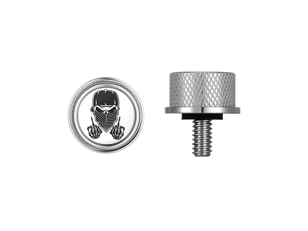Figurati Designs 1/4in.-20 Knurled Seat Mount Screw – Stainless with Masked Skull. Fits H-D 1996up