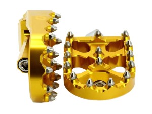 Flo Motorsports V2 MX Footpegs with HD Male Mount – Gold. Flo Motorsports V2 MX Footpegs with HD Male Mount – Gold.