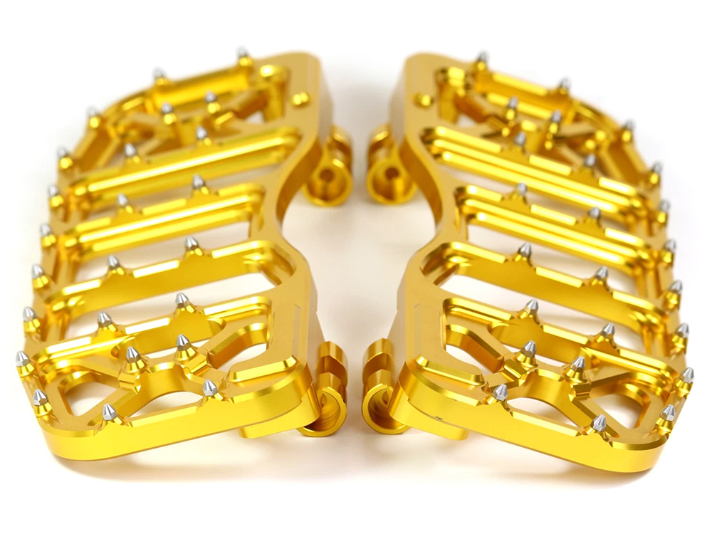 Flo Motorsports V5 Rider Floorboards – Gold. Fits Touring 1980up, FL Softail 1986-2017 & Dyna Switchback 2012-2016