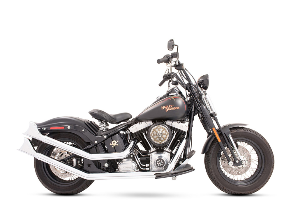 FREEDOM PERFORMANCE EXHAUST Upswept Exhaust – Chrome with Chrome Sharktail End Caps. Fits Softail 1986-2017.