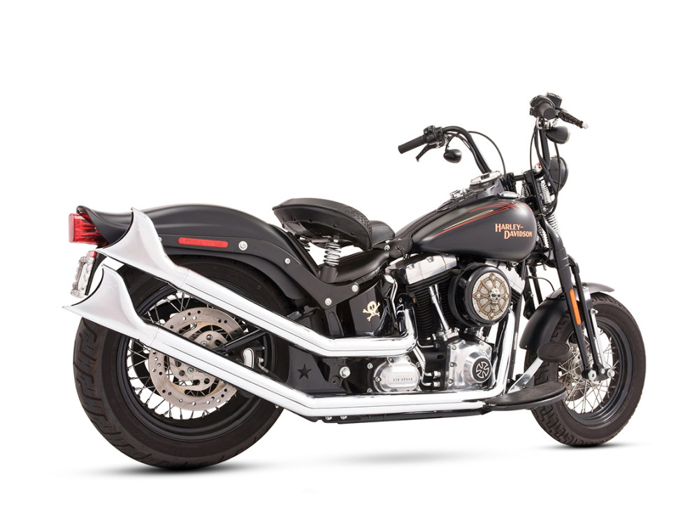 FREEDOM PERFORMANCE EXHAUST Upswept Exhaust – Chrome with Chrome Sharktail End Caps. Fits Softail 1986-2017.