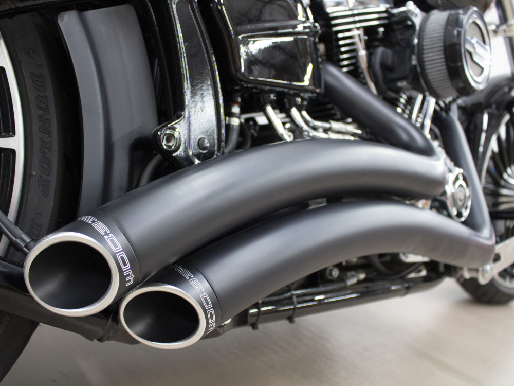FREEDOM PERFORMANCE EXHAUST Sharp Curve Radius Exhaust – Black with Black End Caps. Fits Softail Breakout 2013-2017 & Rocker 2008-2011.