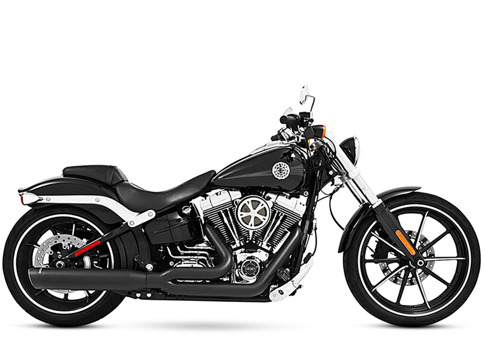 FREEDOM PERFORMANCE EXHAUST Union 2-into-1 Exhaust – Black with Black End Caps. Fits Softail Breakout 2013-2017 & Rocker 2008-2011.