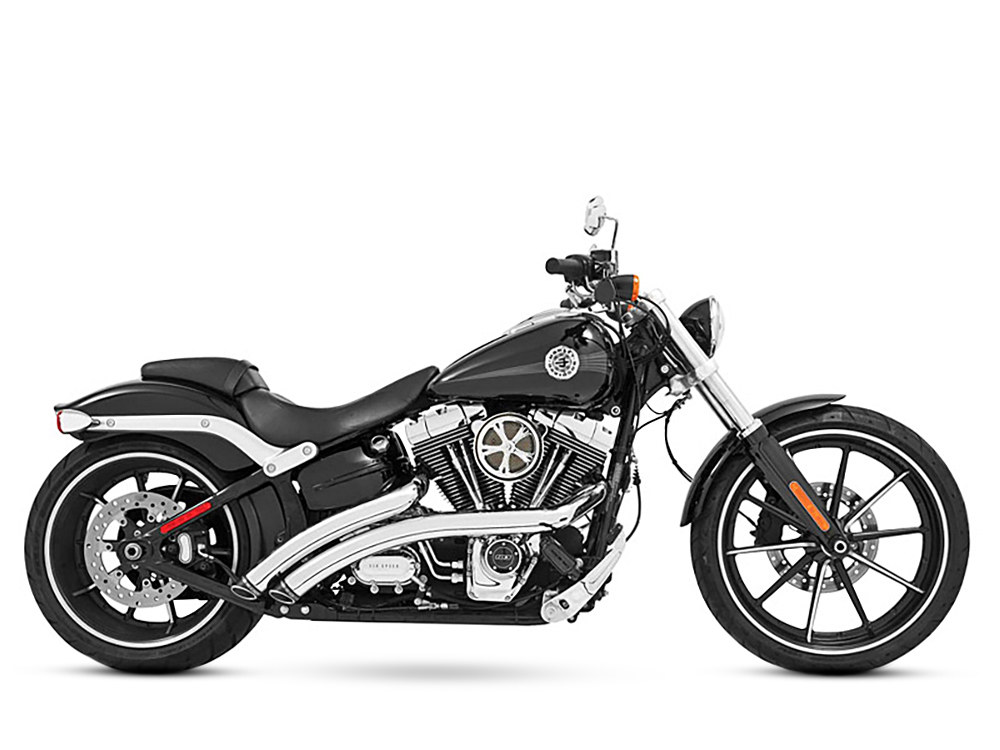 FREEDOM PERFORMANCE EXHAUST Radical Radius Exhaust – Chrome with Black End Caps. Fits Softail Breakout 2013-2017 & Rocker 2008-2011.