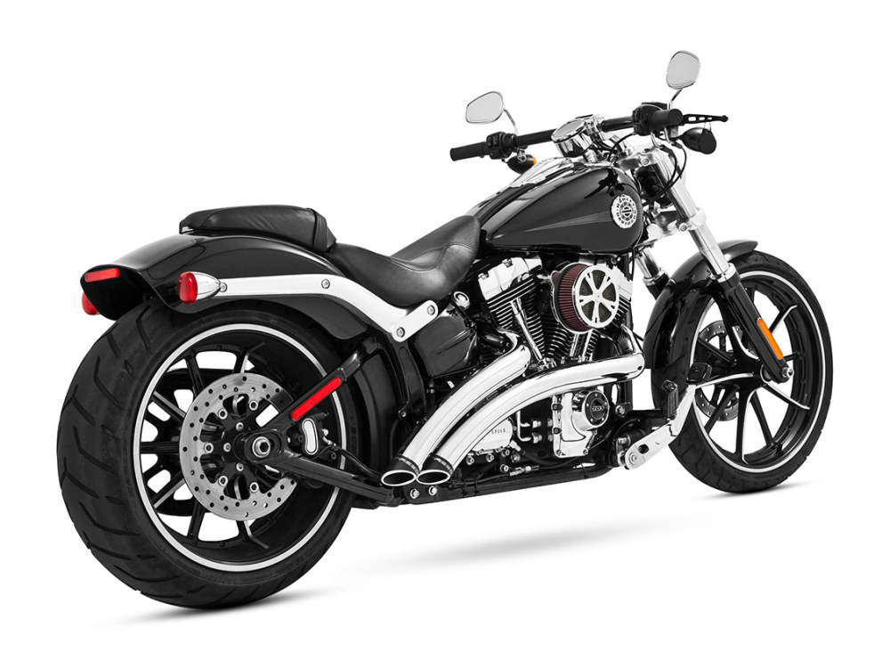 FREEDOM PERFORMANCE EXHAUST Radical Radius Exhaust – Chrome with Black End Caps. Fits Softail Breakout 2013-2017 & Rocker 2008-2011.