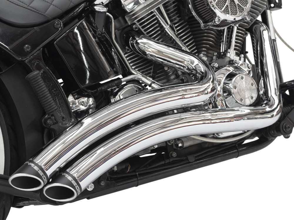 FREEDOM PERFORMANCE EXHAUST Sharp Curve Radius Exhaust – Chrome with Black End Caps. Fits Softail 1986-2017.