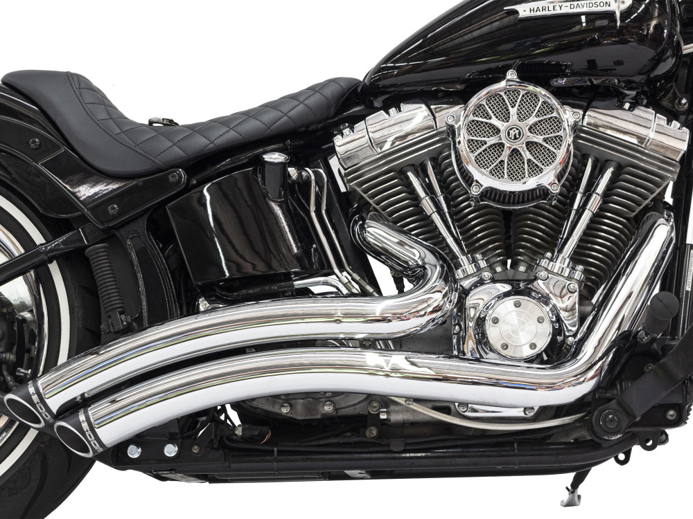 FREEDOM PERFORMANCE EXHAUST Sharp Curve Radius Exhaust – Chrome with Black End Caps. Fits Softail 1986-2017.
